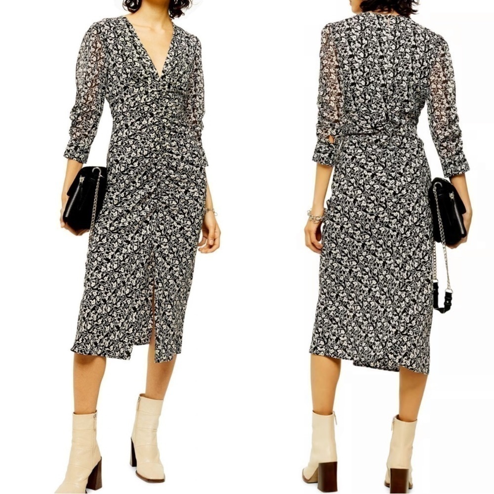 TOPSHOP Ruched Floral Print midi Dress black white size 4